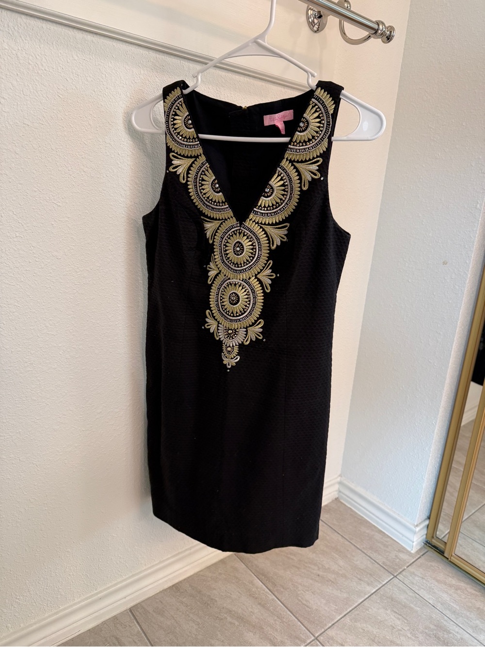 Lilly Pulitzer Black Mini Dress with Gold Embroidered V-Neck